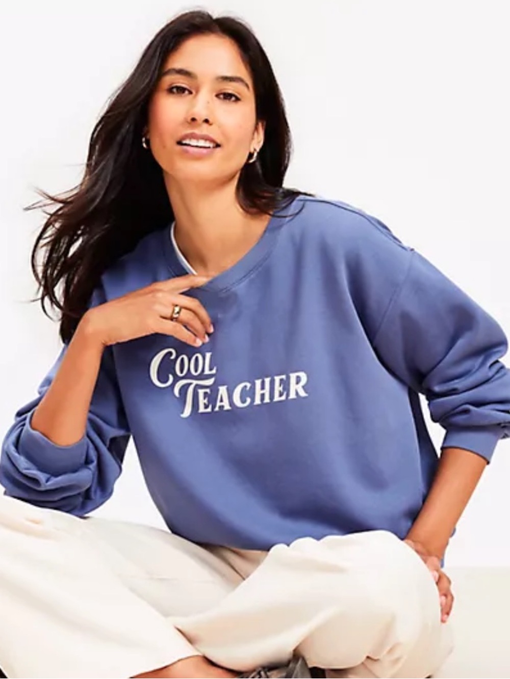LOFT Blue Crewneck Sweatshirt with 'Good Teacher' Graphic